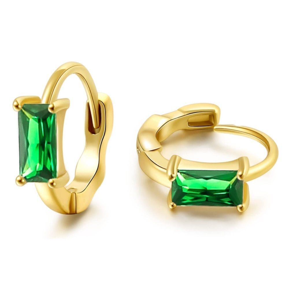 14K Yellow Gold with Emerald Green Cubic Zirconia Baguette Cut Huggie Earrings